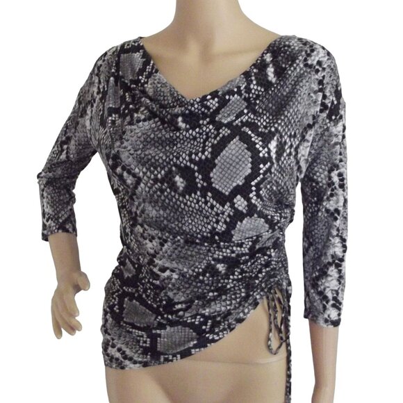 Michael Kors Shirt Sz Small gray black snakeskin stretch asymmetrical hem ruched - Picture 2 of 11